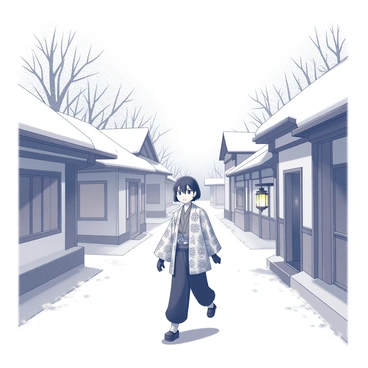 A figure walks along a narrow path in a quaint village surrounded by snow-covered houses. The buildings are traditional with sloped roofs, and their edges are adorned with a thick layer of snow. Flakes drift gently from the overcast sky, creating a serene atmosphere. The character is wearing a distinctive outfit, with a patterned haori and black pants, suggesting a blend of practicality and tradition. Snow crunches softly underfoot as the figure moves; nearby, a small lantern hangs by a wooden door, casting a faint glow in the winter twilight. In the distance, snow-laden trees frame the village, completing the picturesque winter scene.