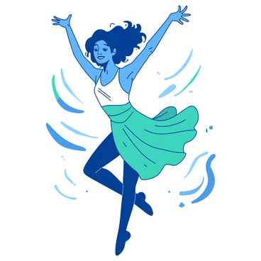A blue dancer is captured mid-jump, with limbs extended in a dynamic dance move. The dancer's hair flows upward, reflecting the energy of the moment. The outfit consists of a vibrant combination of teal and white fabric, swirling around as the dancer moves. The background suggests an energetic atmosphere with hints of motion and excitement, enhancing the lively scene. The dancer's expression is one of joy and passion, fully immersed in the art of dance.