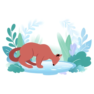 A caracal with distinctive tufted ears is approaching a waterhole. The waterhole is surrounded by vibrant, lush greenery, including various types of plants and leafy shrubs. The sunlight filters through the leaves, casting soft shadows on the ground. The caracal is positioned gracefully, with its sleek body low to the ground, showcasing its elegant posture. Reflections of the surrounding greenery can be seen in the water surface of the waterhole.