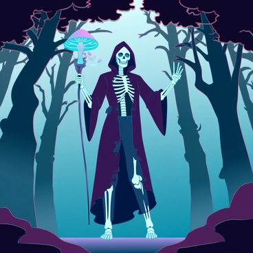A skeleton witch with hollow eye sockets and a bony, tattered robe stands in a shadowy forest. Her skeletal fingers grip an intricate staff that is topped with a luminous, green-glowing poisonous mushroom. The surrounding trees are gnarled and twisted, their branches reaching out like skeletal hands. The ground is covered in a thick layer of mist, and faint light filters through the dense foliage above, creating an eerie atmosphere. The witch's skull features a few scattered wisps of ethereal smoke, enhancing the mystical aura around her.