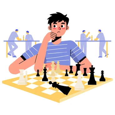 A young chess player with short black hair is seated at a wooden chess table, deep in thought with a serious expression. The player is wearing a blue striped shirt and has their chin resting on one hand. In front of them, a chessboard is set up with various pieces in strategic positions. A few chess pieces are knocked over, indicating an intense game. The background shows other players engaged in matches, enhancing the competitive atmosphere.