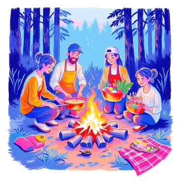 A group of characters is gathered around a roaring campfire in the woods. There are four individuals: a tall man with a beard, a woman with braided hair, a teenage boy wearing a baseball cap, and a young girl with pigtails. They are all smiling and engaged in cooking together. The man is flipping vegetables on a cast-iron skillet over the flames, while the woman is stirring a pot filled with a colorful mix of fresh ingredients. The boy is holding a basket filled with fresh herbs and vegetables, and the girl is threading skewers with pieces of meat. The warm glow of the fire illuminates their faces, and tall trees surround the campfire, creating a cozy atmosphere. A few camping supplies and a picnic blanket are scattered on the ground nearby.