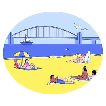 A sunny beach scene with golden sand and gentle waves lapping at the shore. In the background, the "Sydney Harbour Bridge" rises prominently against the clear blue sky. A few colorful beach umbrellas are scattered across the beach, with people enjoying the sun, lounging on towels, and playing in the sand. A distant sailboat glides smoothly across the water, and seagulls soar overhead.
