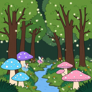 A dense magical forest filled with tall, whimsical trees with vibrant green leaves. Fairy lights float gently in the air, illuminating the scene with a soft glow. Small, colorful fairies with transparent wings flit playfully among the branches, their dresses made of flower petals. The ground is dotted with large, glowing mushrooms in shades of blue, purple, and pink, casting a gentle light on the forest floor. A small stream can be seen winding through the trees, reflecting the luminescence of the mushrooms. Lush ferns and colorful flowers add to the enchanting atmosphere of this forest.