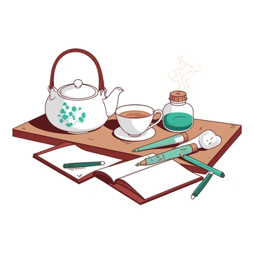 A white teapot with a delicate floral pattern sits on the left side of the table, accompanied by a matching white teacup positioned nearby. The teacup is filled with steaming tea, and a small white saucer rests underneath it. Scattered across the table are various ink supplies, including a teal ink bottle with a cork stopper, two teal ink pens, and an open notebook with blank pages. The table surface is wooden, adding warmth to the arrangement, and a soft light casts gentle shadows across the scene.