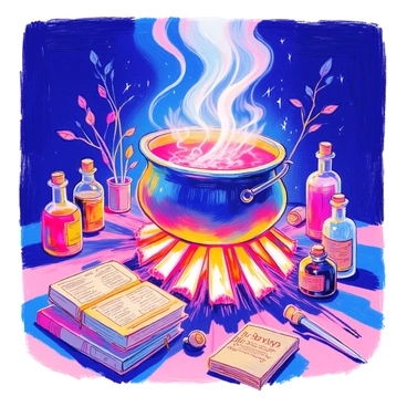 A cauldron is bubbling over a crackling fire, with steam rising into the air. The cauldron has a shiny, dark surface that reflects the flames. Around the cauldron, there are various potion bottles of different shapes and sizes, some with cork stoppers and others with intricate labels. Several spell books, with worn covers and thick pages, are stacked nearby, some opened to reveal ancient illustrations and handwritten notes. The setting is dimly lit by the glow of the fire, casting flickering shadows on the ground.