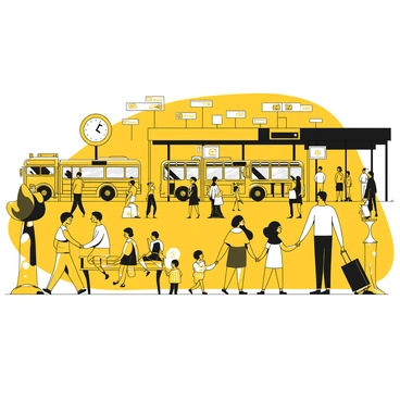 A bus terminal filled with various passengers boarding and departing yellow buses. The scene includes men, women, and children carrying bags and suitcases as they move about. Some passengers are standing in line while others are seated on benches. In the foreground, a family with a child holds hands as they walk towards a bus. The terminal features signboards displaying bus schedules and destinations, with a large clock visible in the background. The atmosphere is lively, with people engaging in conversation and waiting for their rides.