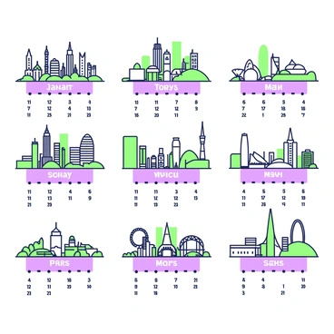 A calendar featuring city skylines from different parts of the world. Each month showcases a prominent skyline. In January, the skyline of New York City features iconic buildings such as the Empire State Building and the One World Trade Center. February displays the skyline of Tokyo with the Tokyo Tower and modern skyscrapers. March highlights the skyline of Sydney, showcasing the Sydney Opera House and Harbour Bridge. April features the skyline of London, including the Shard and the London Eye. May showcases the skyline of Dubai with the Burj Khalifa standing tall. June exhibits the skyline of Paris, presenting the Eiffel Tower and other historic buildings. Each skyline is outlined distinctly, capturing the unique architectural features of the cities. The months are labeled clearly at the bottom of each illustration.