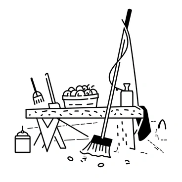 A mop sitting at a picnic table with other cleaning tools, enjoying a picnic