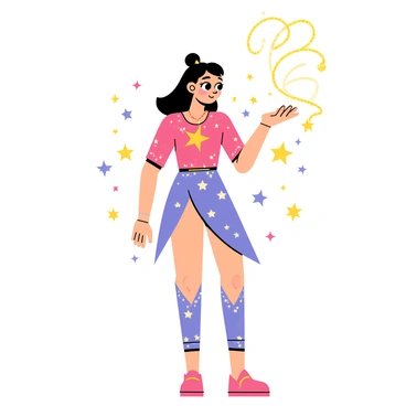 A magical girl wearing a colorful, sparkling costume with bright pink and purple hues. The costume is adorned with shining stars and twinkling gems. She has large, expressive eyes that glow with determination. She stands in a dynamic pose, with one arm raised high, casting a glittering spell. Swirls of sparkling magic radiate from her hand, creating a trail of shimmering light in the air. A background filled with colorful sparkles complements the scene, enhancing the magical atmosphere.