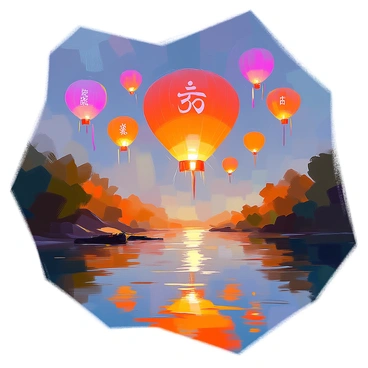 A collection of colorful lanterns adorned with various religious symbols is being released into a dark night sky. The lanterns emit a warm glow as they ascend, illuminating the surroundings. Below, a tranquil river reflects the shimmering lights from the lanterns, creating a harmonious scene. The banks of the river are lined with lush greenery that gently sways in the evening breeze. The atmosphere is serene, as the soft ripples on the water mirror the celestial display above.