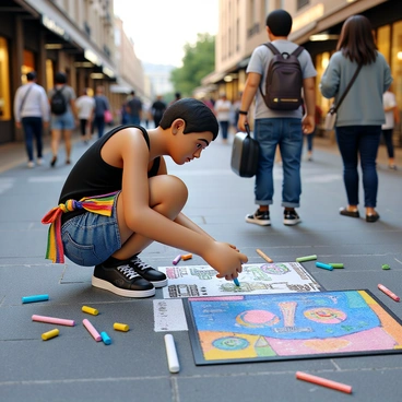 A street artist with short, colored hair is kneeling on a busy sidewalk, focused on creating a chalk drawing. The artist is wearing a black tank top and denim shorts, with a colorful apron tied around the waist. Surrounding them are scattered pieces of chalk in various colors. The sidewalk is bustling with pedestrians, some stopping to watch the artist at work. In the background, shops and cafes are visible, adding to the lively atmosphere. The chalk drawing features vibrant patterns and intricate designs, capturing the attention of onlookers.