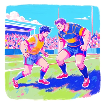 A determined rugby player with short, dark hair is poised on the field, facing off against a larger opponent. The rugby player wears a vibrant team jersey, shorts, and cleats, displaying a fierce expression of confidence. His muscular build hints at strength and agility. The larger opponent looms over him, wearing a contrasting jersey and an intense look of challenge. The grass field beneath them is well-worn, and a bright blue sky stretches above, with a few clouds dotting the horizon. A crowd can be seen in the background, cheering in anticipation.