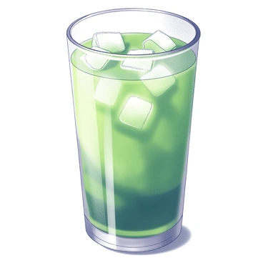 A glass filled with iced matcha, showcasing a vibrant green drink. The glass has a clear surface, allowing for a view of the rich green liquid inside. Condensation droplets are forming on the exterior of the glass, creating a refreshing appearance. A few ice cubes are visible, clinking gently against the sides of the glass. The glass is positioned on a smooth surface, enhancing the focus on the beverage.