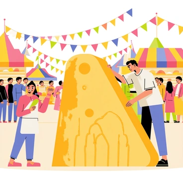 A skilled sculptor wearing a white apron is carving a large block of cheese at a vibrant food festival. The sculptor is focused on shaping the cheese into an intricate design that resembles a famous landmark. Colorful food stalls are visible in the background, showcasing various cheeses, fruits, and breads. A crowd of people admiring the sculpture surrounds the sculptor, with expressions of curiosity and delight. Bright flags and banners decorate the festival, adding to the lively atmosphere.
