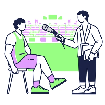 A player is sitting on a stool, wearing a sports jersey and shorts. The player has short hair and is looking attentively at a reporter. The reporter is standing to the side, holding an old-fashioned microphone with a windscreen. The reporter is dressed in a blazer and has a notepad in the other hand. Behind them, there is a blurred backdrop of a sports venue with banners and fans in the stands. The interaction suggests a moment of discussion about the game.