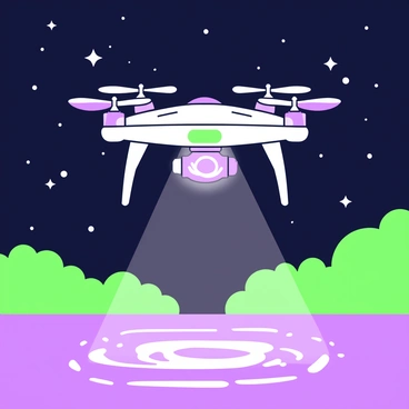 A night scene features a drone flying in the sky. The drone is equipped with multiple LED lights that illuminate its body. The background is filled with stars twinkling against the dark sky. Below, silhouettes of trees are visible, creating a sense of depth. The drone is flying above a calm body of water, which reflects the lights in a shimmering pattern. The atmosphere is vibrant with the play of light, highlighting the details of the drone's design.