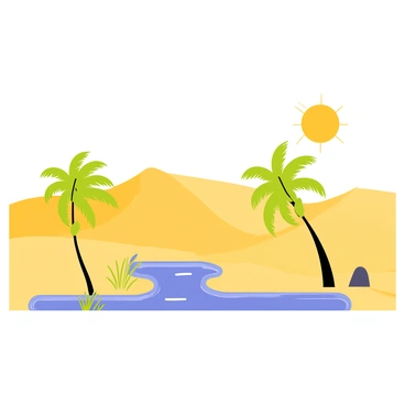 An isolated oasis in the center of a vast yellow desert stretches across the foreground. The oasis features a clear blue pond with shimmering water reflecting the sunlight. Surrounding the pond, there are several tall green palm trees with feathery fronds swaying softly in the breeze. In the background, the rolling sand dunes create a stark contrast with the lush greenery of the oasis, while a few scattered rocks add texture to the scene. A bright sun shines overhead, casting warm light over the landscape.