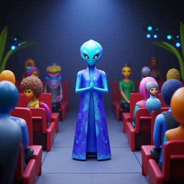 An alien poet with iridescent skin and luminous eyes stands at the center of an auditorium. The alien is adorned in a flowing robe that shimmers with cosmic patterns. Surrounding the poet are attentive listeners from various species, each exhibiting distinct physical traits. Some listeners have colorful scales, while others possess fur or intricate feathered appendages. The auditorium is decorated with bioluminescent plants, casting soft light on the scene. The audience is captivated, with expressions of wonder and intrigue as they absorb the recitations.