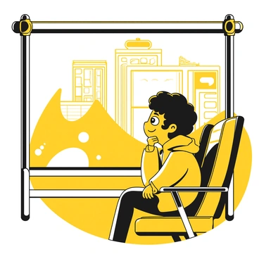 A child with short hair, wearing a yellow jacket, is sitting by the window of a moving subway train. The child's eyes are wide with wonder as they gaze outside. The interior of the subway is visible, showcasing metal poles and seats. Outside the window, there are blurred images of urban scenery passing by quickly. The child rests their chin on their hand, with a slight smile on their face, captivated by the world outside.