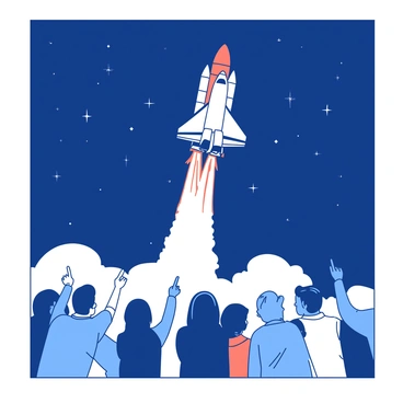 A white space shuttle is ascending into a dark blue starry night sky, leaving a trail of orange flames and smoke behind it. Below the shuttle, a crowd of excited onlookers is gathered, some with hands raised and others pointing towards the shuttle. The faces of the onlookers are illuminated by the bright lights from the shuttle as they watch it climb higher. The stars in the background create a sparkling canopy above the scene.