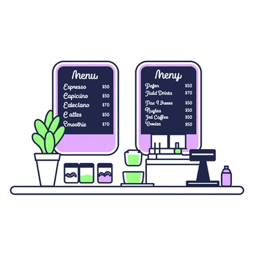 A coffee shop counter is filled with various items. Behind the counter, there are two large chalkboards displaying the menu items and their prices in a handwritten style. The left chalkboard lists hot beverages such as espresso, cappuccino, and lattes, while the right chalkboard features cold drinks like iced coffee and smoothies. In front of the chalkboards, a wooden counter is adorned with glass jars of pastries, such as muffins and cookies, all neatly arranged. A small potted plant sits on the counter next to a cash register, contributing to the inviting atmosphere of the coffee shop.