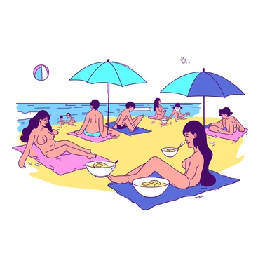 A yellow sandy beach is filled with people lounging on colorful beach towels. Some individuals are sitting under bright blue umbrellas while others enjoy the sun. In their hands, they hold small white bowls filled with crème brûlée, the smooth custard topped with a golden crispy layer. Nearby, a group of children plays in the waves, and in the background, a beach ball is flying across the scene. The sky is clear and the sun shines brightly overhead.