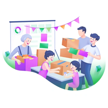 A multi-generational family is gathered at a local charity, engaging in various volunteering activities. A grandmother is seen sorting through donated clothes, with a warm smile on her face. Next to her, a middle-aged woman is organizing food items into boxes, her hands busy but her expression joyful. A young adult is assisting children in crafting handmade cards, laughter and creativity radiating from their interaction. In the background, a young boy is stacking boxes with the help of his father, both displaying bright smiles. Colorful decorations and banners from the charity surround them, creating a lively and cheerful atmosphere.