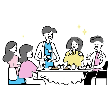 A friendly nurse, wearing light blue scrubs and a name tag, is setting up a small round table adorned with a white tablecloth. The table is filled with an assortment of tea cups and a teapot, alongside various pastries and sandwiches. Around the table, several hospital staff members, including a doctor in a white coat and a nurse in pink scrubs, are sitting and laughing. A few patients, one in a wheelchair wearing a bright yellow sweater and another with a hospital gown, are also gathered, holding cups of tea and smiling. The scene captures a warm and inviting atmosphere, with everyone engaged in conversation.