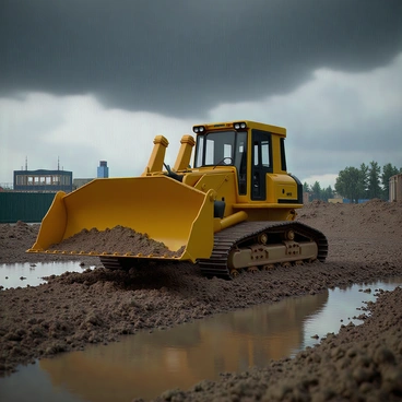 A yellow bulldozer with a wide blade is trudging through a muddy construction site. The bulldozer's tracks are deep in the wet soil, creating large, messy puddles around it. Heavy rain pours down from dark gray clouds, drenching the scene and creating splashes as the bulldozer moves. The construction site features scattered construction materials and unfinished structures in the background, partially obscured by the rain. The atmosphere is filled with droplets cascading off the bulldozer's surfaces, highlighting the intensity of the weather.