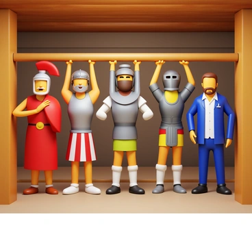 A group of characters from different historical periods is performing pull-ups in a gym setting. There is a Roman soldier wearing a toga, a medieval knight in armor, a Greek philosopher draped in a chiton, and a Victorian gentleman in formal attire. The gym is filled with ancient wooden beams and stone walls. Each character is actively engaged in doing pull-ups on a sturdy wooden bar. The Roman soldier shows determination, the knight is focused, the philosopher appears contemplative, and the gentleman maintains a poised posture. The scene captures the diversity of history and fitness in an ancient gym atmosphere.