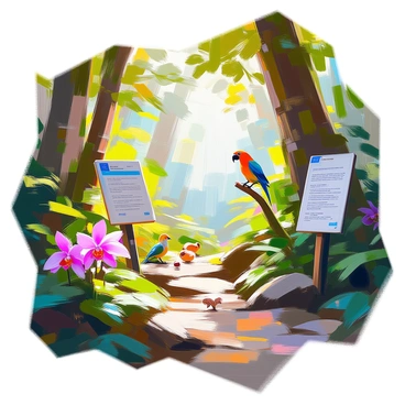 A lush rainforest filled with vibrant green foliage, towering trees, and thick undergrowth. Sunlight filters through the canopy, casting dappled light on the forest floor. Various species of plants, including ferns and orchids, add bursts of color and texture. Throughout the scene, there are informative signs placed strategically among the trees and pathways, each sign detailing conservation efforts and highlighting the importance of protecting this unique ecosystem. Wildlife can be seen in the background, including colorful birds perched on branches and small animals moving through the underbrush.