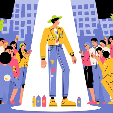 A street artist stands beneath a bright spotlight, showcasing their talent. The artist is wearing a colorful outfit, complete with a wide-brimmed hat and paint-splattered jeans. Various art supplies, like spray cans and brushes, are spread out around them. The audience is gathered closely, with diverse expressions of amazement and enjoyment on their faces. Some audience members are holding up their phones to capture the moment, while others are clapping and cheering. The scene is set in an urban environment with buildings in the background, adding to the lively atmosphere.