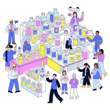 A bustling market scene filled with various stalls. Each vendor is selling unique magical potions in colorful glass bottles, some with glowing liquids inside. Nearby, other vendors display rare artifacts, including ancient scrolls, shiny gemstones, and intricate metalwork. People are walking through the market, engaged in conversation and examining the items for sale. The atmosphere is lively with a mix of colors and shapes from the different products on display.
