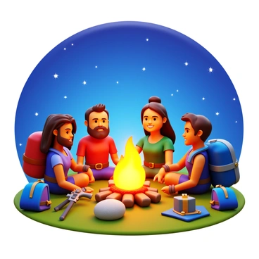 A group of diverse heroes sitting around a campfire. Each hero has distinct characteristics, such as different skin tones, hairstyles, and attire that reflect their unique backgrounds. The campfire emits a warm glow, illuminating their faces as they share stories. Behind them, a vast sky filled with twinkling stars is visible. Various camping gear, such as backpacks and weapons, are scattered around the campfire, indicating preparation for their upcoming quest. The atmosphere is lively, with expressions of determination and camaraderie among the heroes.