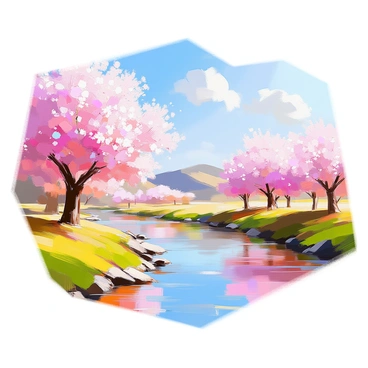 A landscape featuring cherry blossoms in full bloom along the banks of the Jordan River during springtime. The cherry trees are adorned with clusters of pink flowers, creating a vibrant contrast with the clear blue sky. The water of the river reflects the delicate pink hues of the blossoms, creating a serene atmosphere. Soft green grass lines the riverbank, and a few scattered clouds float gently above. In the background, rolling hills provide a natural frame to the scene, enhancing the freshness of the spring season.