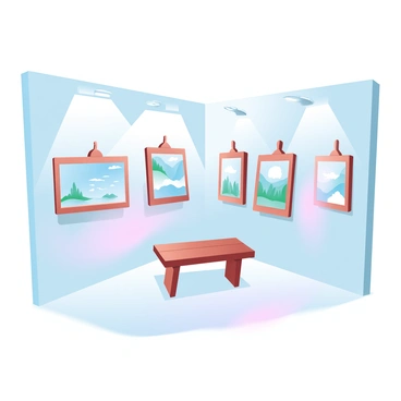 A tiny art gallery is filled with small paintings mounted on half-sized illustration boards. The walls are painted in soft pastel colors, creating a gentle atmosphere. Each painting showcases different themes, such as landscapes, abstract designs, and still life. The gallery has delicate wooden frames surrounding the artwork, enhancing their presentation. Soft lighting illuminates the paintings, casting gentle shadows on the walls. A small wooden bench is placed in the center of the gallery for visitors to sit and admire the artwork.
