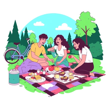 A group of four friends is sitting on a colorful picnic blanket in a city park. They are surrounded by lush green grass and tall trees, with a clear blue sky above. The picnic spread includes a variety of craft foods such as artisanal cheeses, fresh fruits, and homemade sandwiches arranged neatly on a wooden board. One friend is pouring drinks from a teal thermos into small cups, while another is playfully reaching for a bright red apple. The group is laughing and enjoying their time together, with a blue bicycle parked nearby.