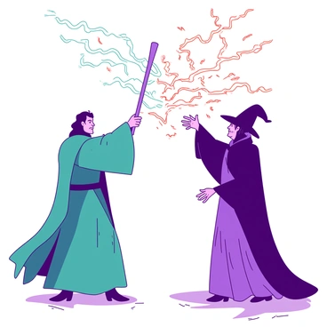 Two wizards stand facing each other in a dynamic scene. One wizard, wearing a flowing teal robe, raises his staff high, summoning bright sparks of energy that swirl around him. The other wizard, clad in a vibrant purple cloak, extends his hands outward, sending forth a stream of red lightning towards his opponent. The air is filled with intersecting arcs of swirling magical energies, creating a chaotic but mesmerizing atmosphere. The ground beneath them glows faintly with the residue of their spells, illuminating their determined expressions as they prepare for their next move.