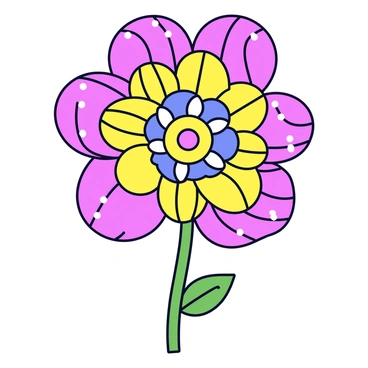 A flower with multiple layers, each featuring distinct textures and patterns. The petals are arranged in a spiral formation, showcasing bright colors like pink, yellow, and purple. Each layer has a unique design, incorporating stripes, polka dots, and swirls. The center of the flower is a bold, contrasting color, surrounded by fine, delicate details. The flower stands upright on a thin green stem with small leaves attached near the base.