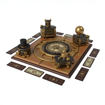 A steampunk-inspired Monopoly game set on a richly detailed board with intricate mechanical designs and brass accents. The game pieces are unique steam-powered tokens shaped like a vintage top hat, a steam locomotive, a pocket watch, and a flying airship, each featuring intricate engravings and a polished finish. The game board is surrounded by decorative gears and cogs, visible along the edges, creating a sense of movement and complexity. The Chance and Community Chest cards are designed with ornate borders and illustrations that reflect the steampunk theme, featuring various characters and inventions. The currency bears an aged look, with illustrations of Victorian-era figures and machinery.