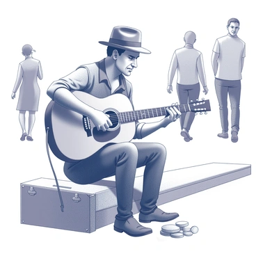 A street musician is sitting on a sidewalk, playing an acoustic guitar. He is wearing a worn-out fedora that has a slightly bent brim. The musician has a focused expression as he strums the guitar, with some coins and a small open case in front of him on the ground. Passersby can be seen in the background, some glancing over at him, while others continue walking, creating a lively urban atmosphere. The guitar has visible wear, indicating it has been played often.