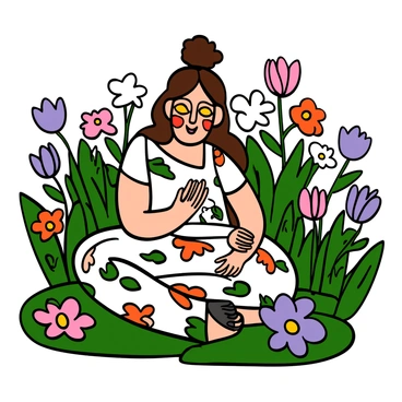 A lady with light skin and long brown hair, adorned with vibrant floral face paint in red, yellow, and green hues. She is sitting gracefully in a lush flower garden, surrounded by colorful blossoms in various shades of pink, purple, and white. The lady is wearing a light summer dress with a floral pattern that complements her face paint. Soft sunlight filters through the leaves, highlighting the beauty of the garden and the intricate details of the flowers around her.