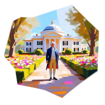 Thomas Jefferson, a middle-aged man with light skin and white hair, stands proudly in front of Monticello, his iconic plantation home. The architectural features of the house are clearly visible, showcasing its classical design with a dome and rounded pillars. Jefferson is dressed in 18th-century attire, including a dark coat and waistcoat. He is surrounded by lush gardens that bloom with colorful flowers and greenery, adding vibrancy to the scene. The pathway leading up to the house is lined with neatly trimmed hedges, and the sky above is clear, contributing to the serene atmosphere of the estate.