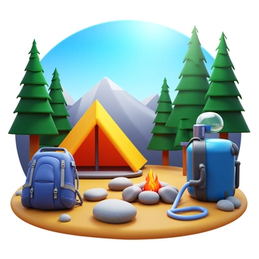 A portable oxygen generator positioned at a remote campsite. The generator is compact and rugged, featuring a sturdy handle for easy transport. Nearby, a tent made of durable fabric, set against a backdrop of tall pine trees and rocky terrain. The scene includes a backpack resting on the ground, alongside a small campfire with glowing embers. A connecting tube runs from the generator to a clear oxygen mask, demonstrating its use. The atmosphere reflects a clear blue sky overhead, with sunlight filtering through the tree branches.