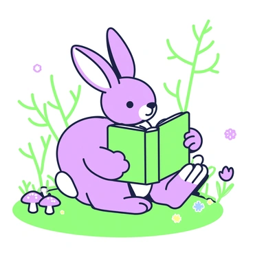 A rabbit is sitting on a patch of grass, holding a storybook open in its paws. The rabbit has large ears and soft fur. Next to the rabbit, there are a few colorful flowers and mushrooms scattered around. In the background, there are trees with branches reaching out, creating a natural frame for the scene. The sun is shining down, casting gentle shadows on the ground. The rabbit appears engrossed in the story as it looks at the pages of the book.