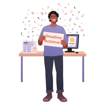 A person standing in the center of the image, smiling broadly. The person has medium skin and short curly black hair. They are wearing a blue shirt and dark jeans. Brightly colored confetti is falling around them, creating a festive atmosphere. In their hands, they are holding a piece of paper that says "Deadline Achieved!" in bold letters. The background suggests a workspace with a desk, a computer monitor displaying a check mark, and a calendar marked with the completed date.