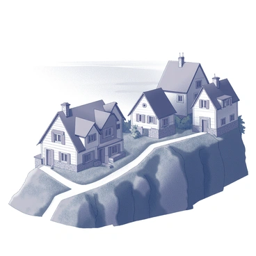 A small village nestled on the edge of a cliff, overlooking a vast landscape. The scene features several quaint cottages with steep roofs, made of stone and wood. Each cottage has unique architectural details, such as wooden shutters and intricate chimneys. The cliffside is covered with lush greenery, providing a contrasting backdrop to the cottages. The village is surrounded by a winding path that leads to the edge of the cliff, offering a stunning view of the horizon.