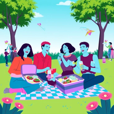 A vibrant digital art scene featuring a group of Gen Z friends enjoying a summer picnic in a colorful park. There are five friends sitting on a large checkered blanket spread across the lush green grass. One friend is unpacking a picnic basket filled with various foods, including sandwiches and fresh fruit. Another friend is pouring lemonade into clear cups. A third friend is taking a selfie with a smartphone, smiling widely, while others are laughing and enjoying the moment. The park is filled with colorful flowers, tall trees with bright green leaves, and a clear blue sky above. In the background, there are people playing frisbee and children flying kites, adding to the lively atmosphere.