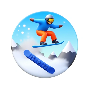 A snowboarder in mid-air, performing a dynamic jump above a snowy landscape. The snowboarder is wearing a bright blue jacket and orange pants, with a helmet and goggles. Snow is kicking up beneath the snowboard as the rider descends. The background features snow-covered mountains and a clear blue sky, with a few snowflakes gently falling. The snowboard is angled downward, showcasing intricate designs on its surface.